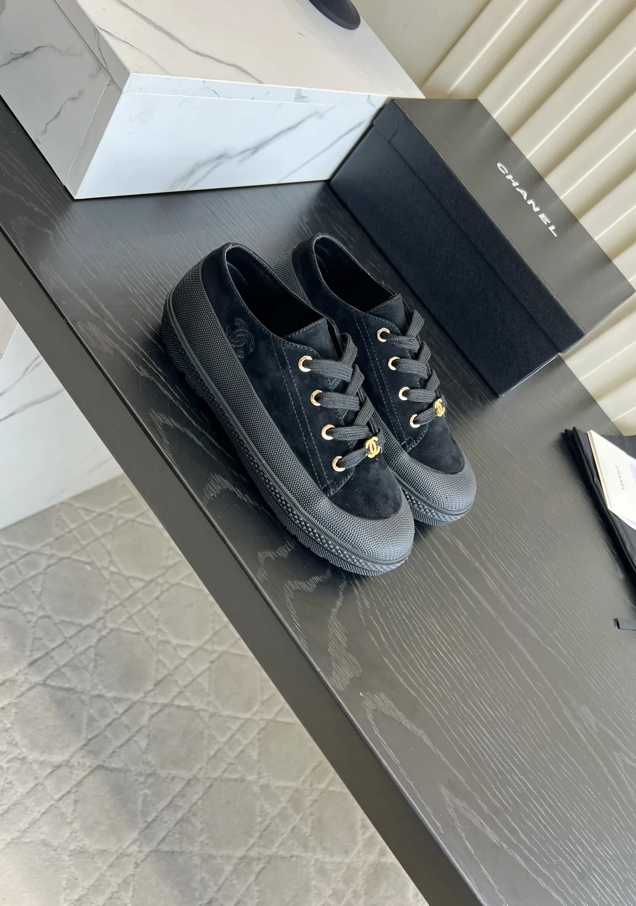 Chanel Suede-Look Sneakers in Black · view 3