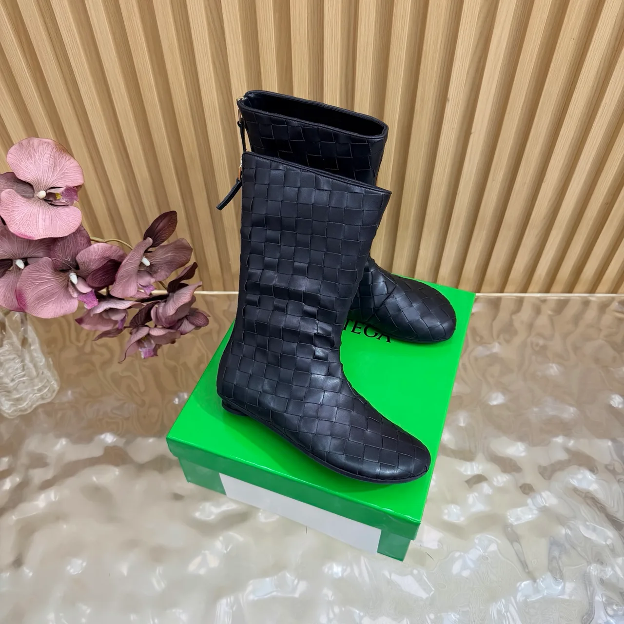 Bottega Veneta Quilted Woven Pointed-Toe Ankle Boots in Black · view 2