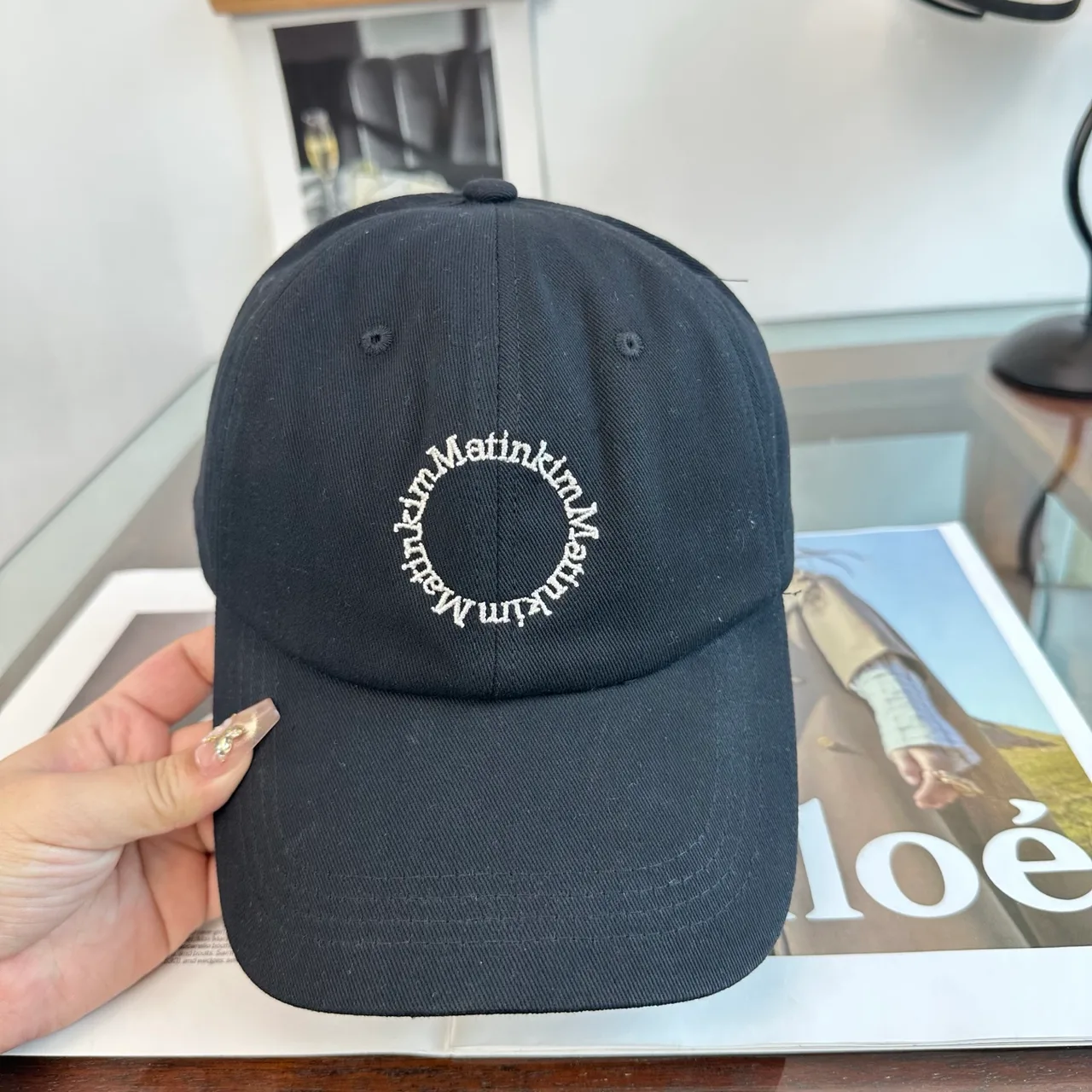 Matin Kim Embroidered Baseball Cap in Black & White & Blue · view 5