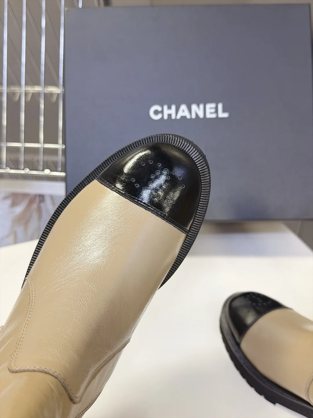 Chanel Cowhide Patent Leather Glossy Round-Toe Ankle Boots in Beige · view 7