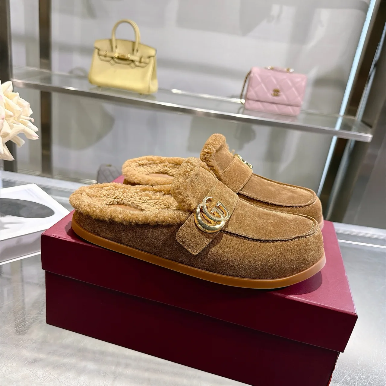 Gucci Cowhide Wool Suede-Look Mules in Tan · view 1