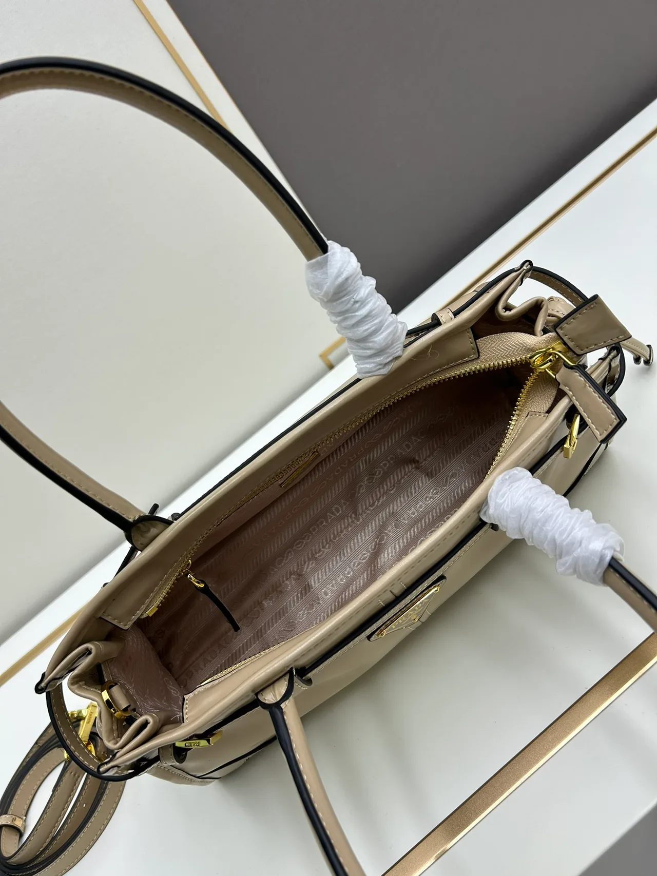 Prada Smooth Top-Handle Bag in Beige · view 7