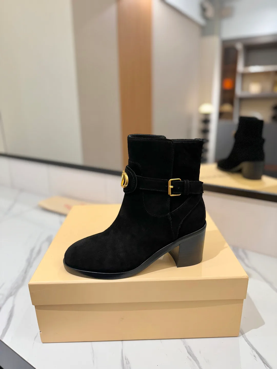 Valentino Calfskin Suede-Look Round-Toe Ankle Boots in Black · view 5