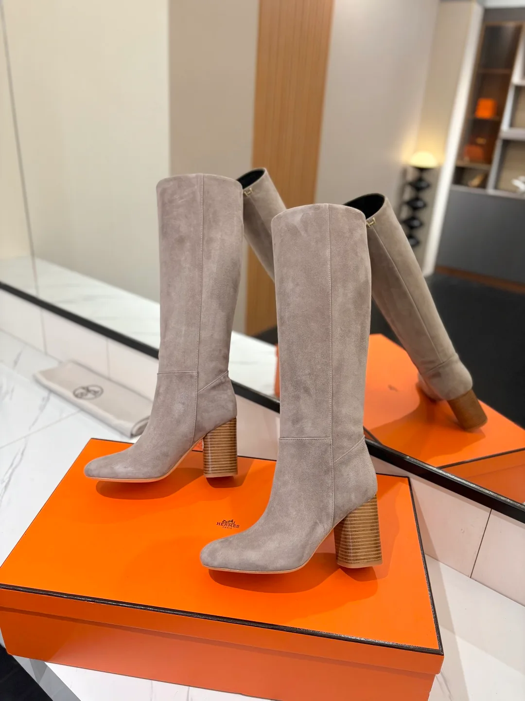 Hermes Cowhide Knee-High Boots in Grey · view 4