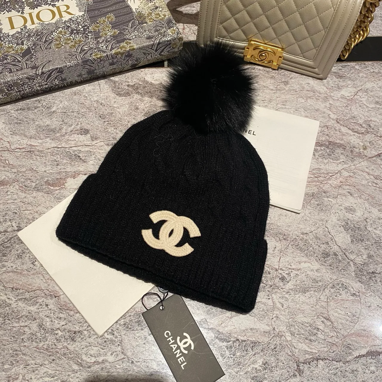 Chanel CC pom knit beanie in Blue & Burgundy & Black & White & Grey & Cream & Pink & Tan · view 3