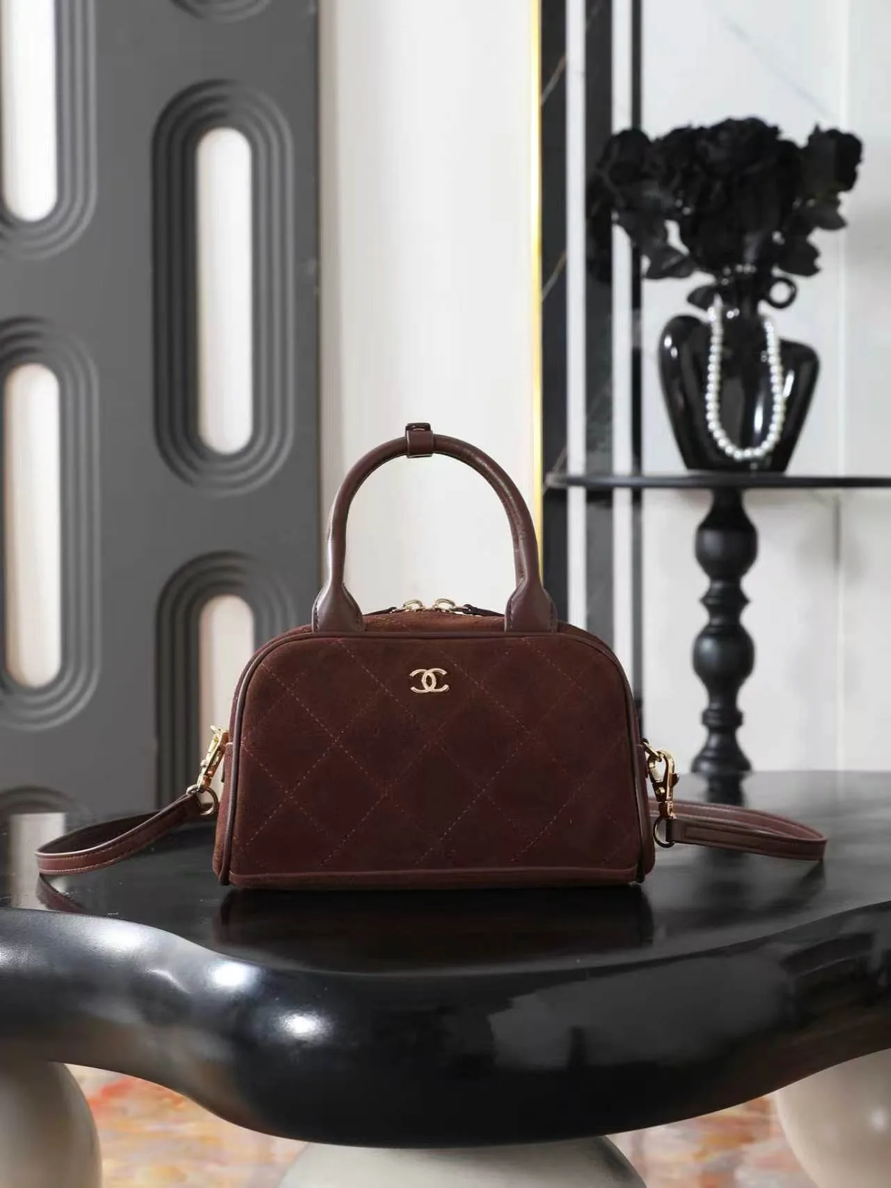 Chanel Quilted Glossy Top-Handle Bag in Brown · view 1