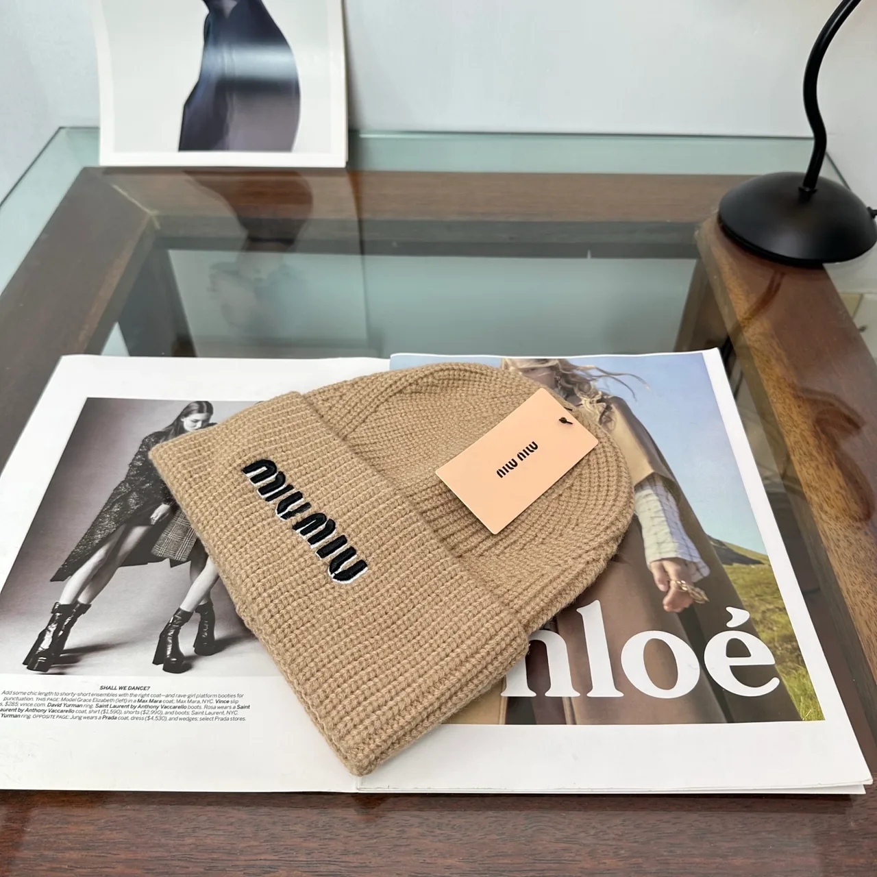 Miu Miu Ribbed Embroidered Beanie in Beige · view 3
