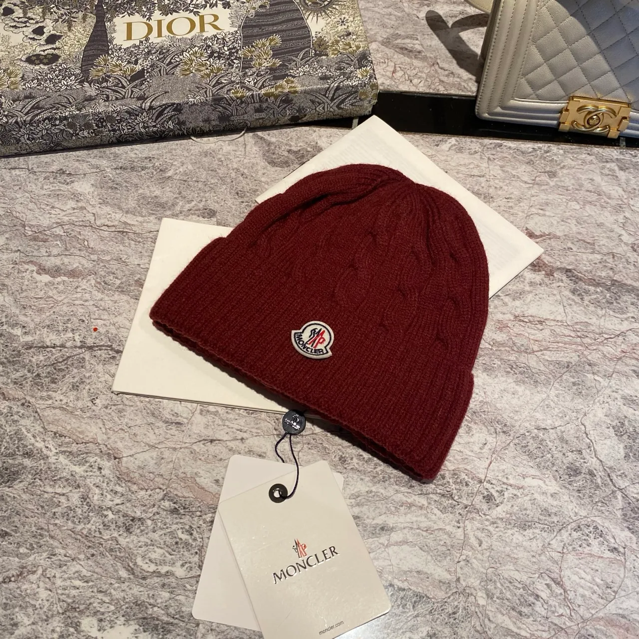 Moncler Cable-Knit Beanie in Burgundy & Cream & Tan & Blue & Grey & White & Black & Pink · view 1
