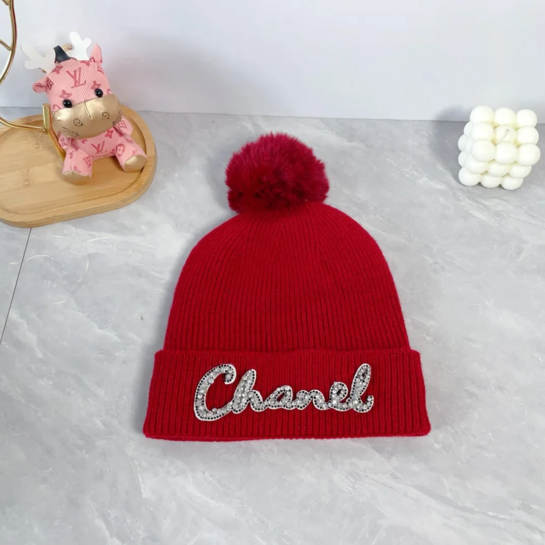 Chanel Wool Ribbed Embroidered Pom-Pom Hat and Scarf Set in Red · view 6
