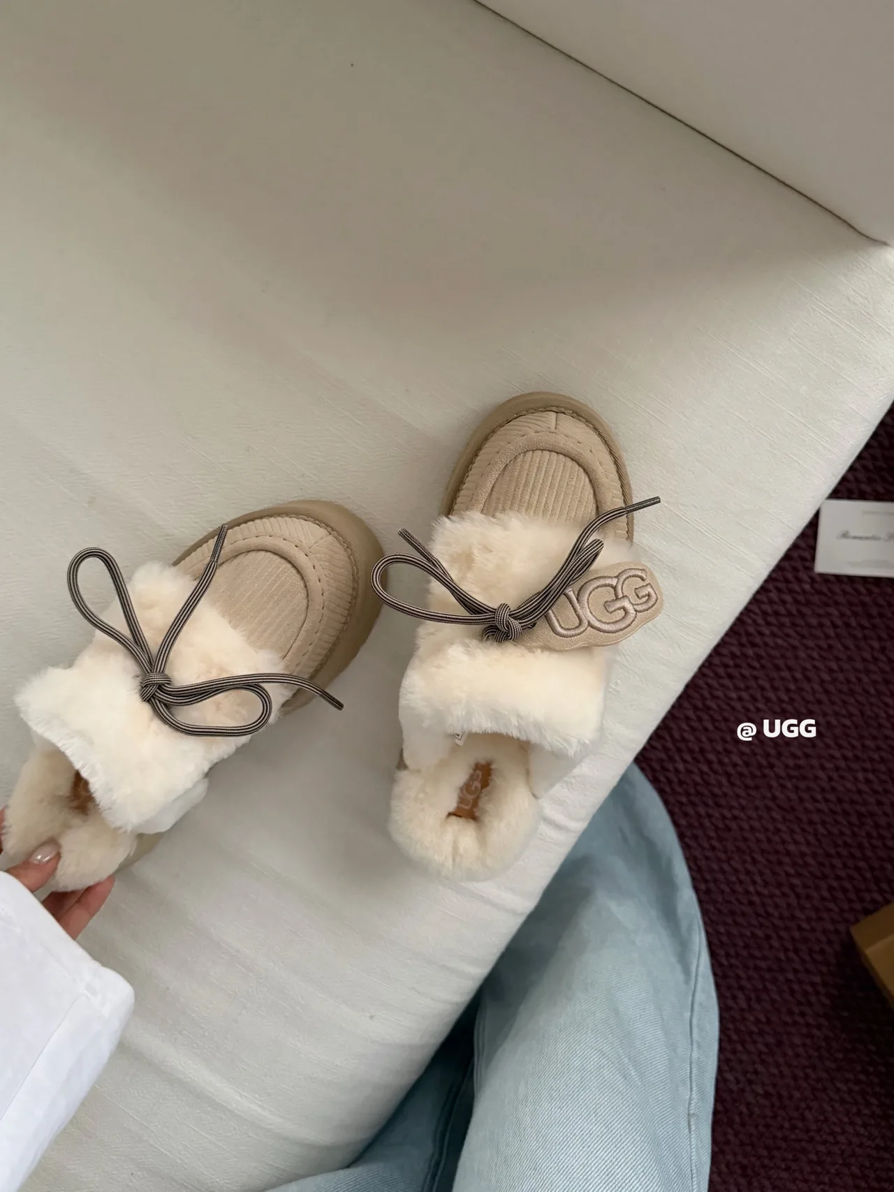 UGG Denim Bow Slippers in Beige · view 2
