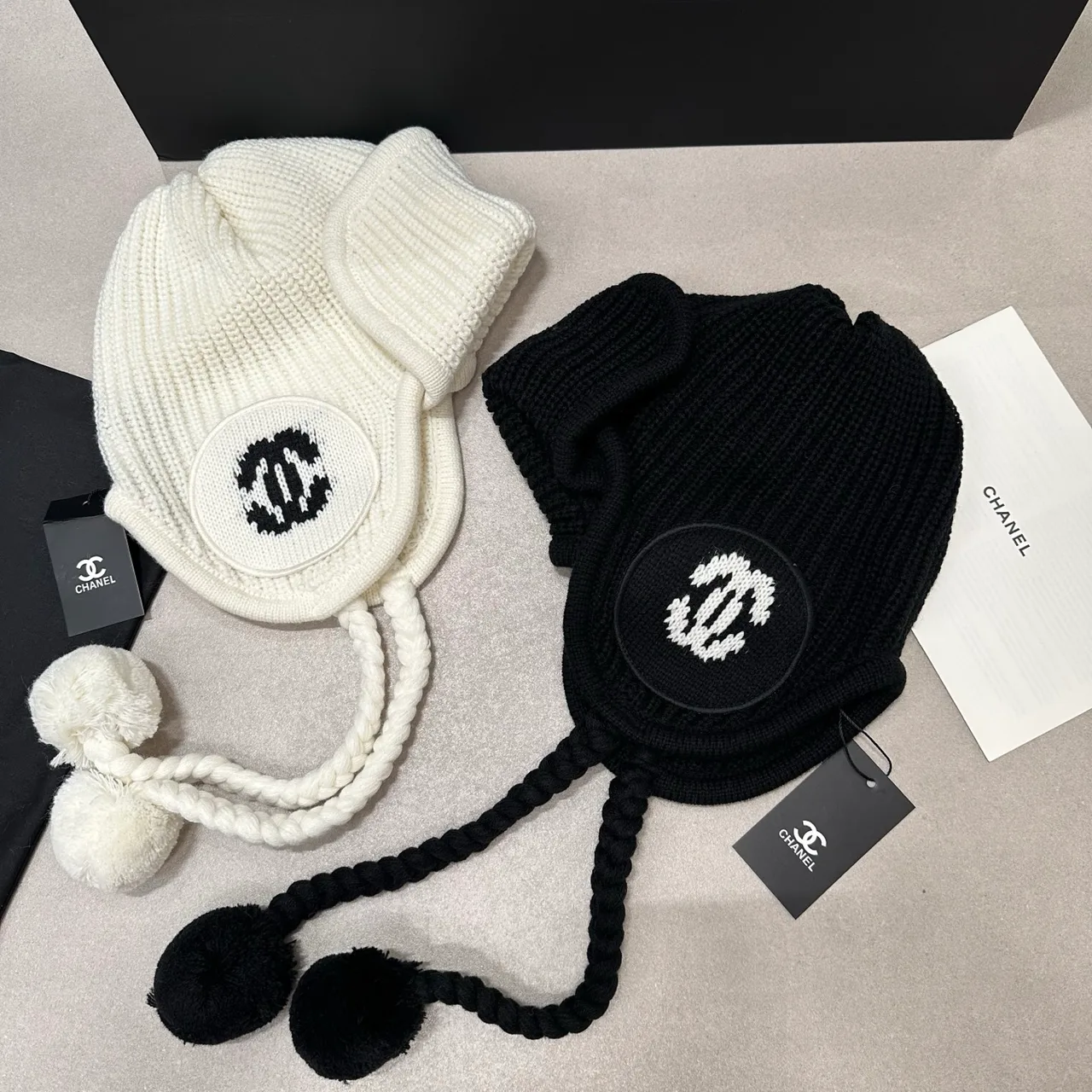 Chanel Earflap Knit Hat in Cream & Black · view 5