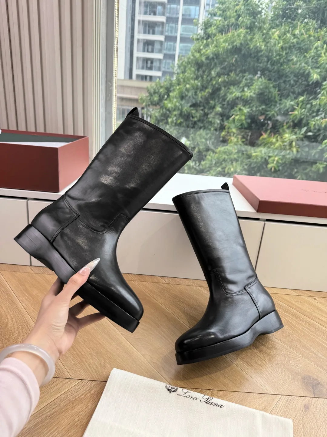 Loro Piana Cowhide Glossy Round-Toe Ankle Boots in Black · view 6