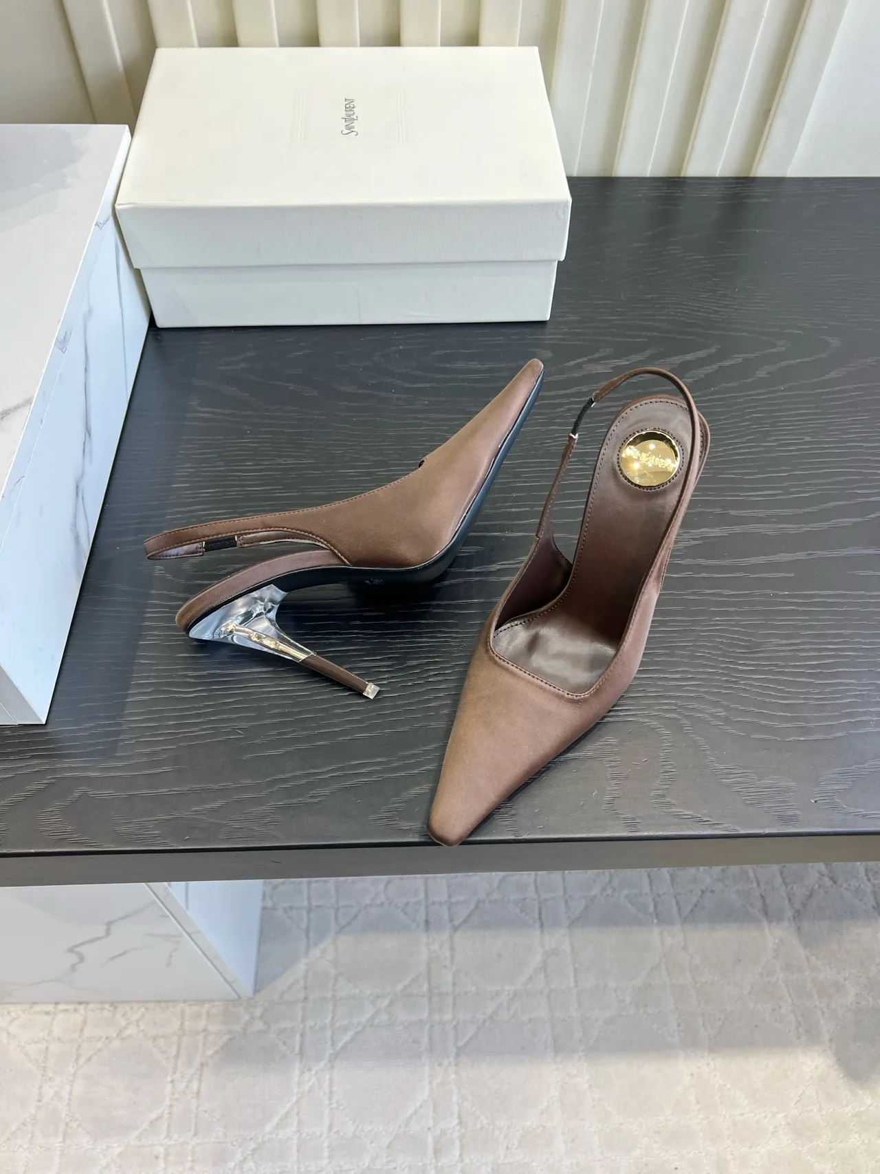 Saint Laurent Cowhide Silk Pointed-Toe Pointed Slingback Pumps in Brown · view 4