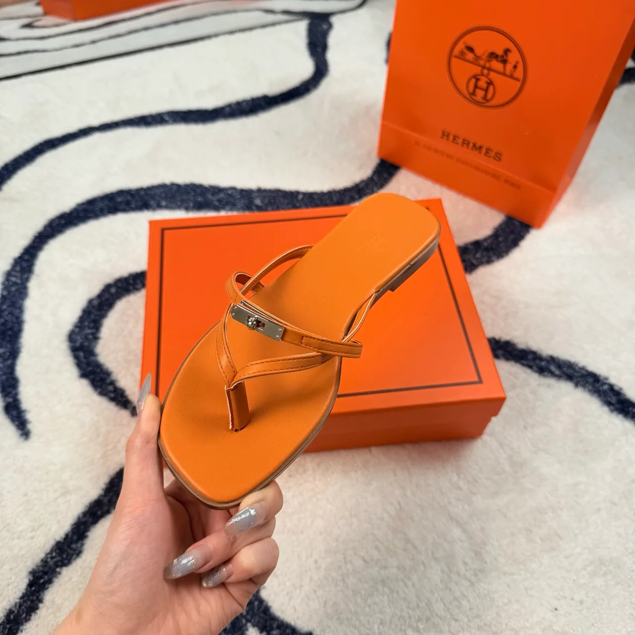 Hermes Denim Leather Flip-Flops in Orange · view 6