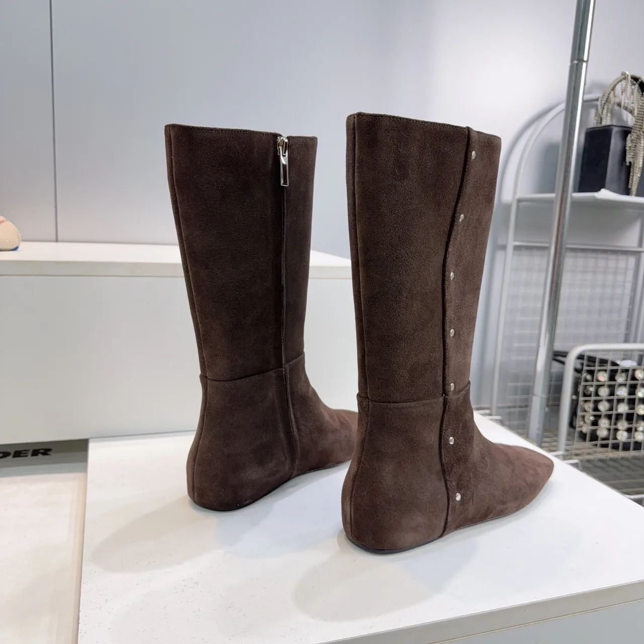 Celine Suede-Look Square-Toe Ankle Boots in Brown · view 2