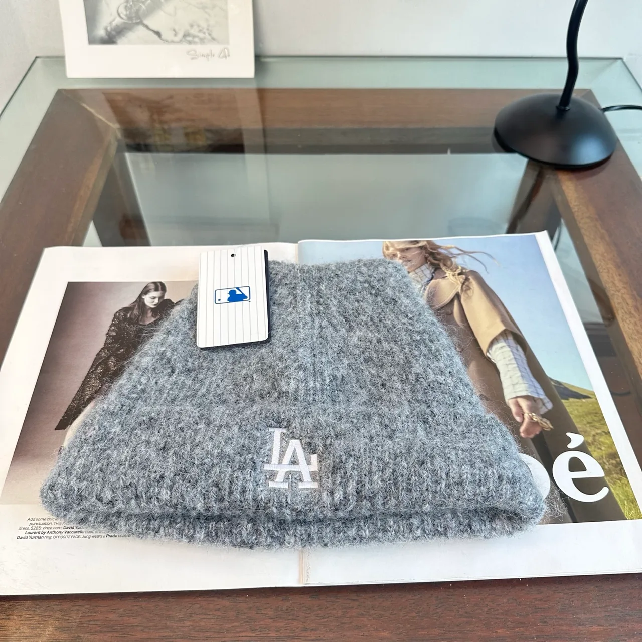 LA Letter Fuzzy Knit Beanie in Grey · view 4