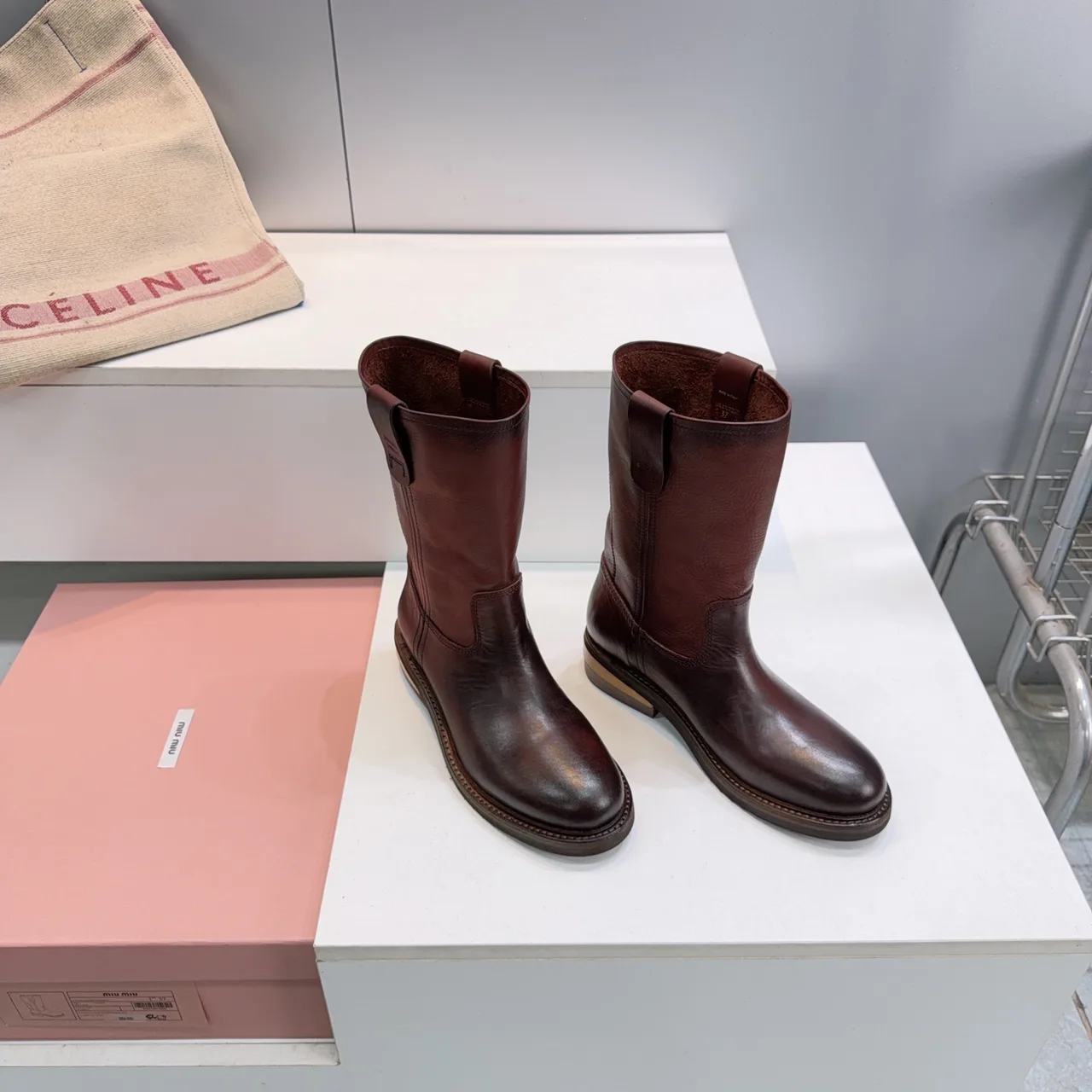 Miu Miu Cowhide Smooth Round-Toe Pull-On Boots in Brown · view 2