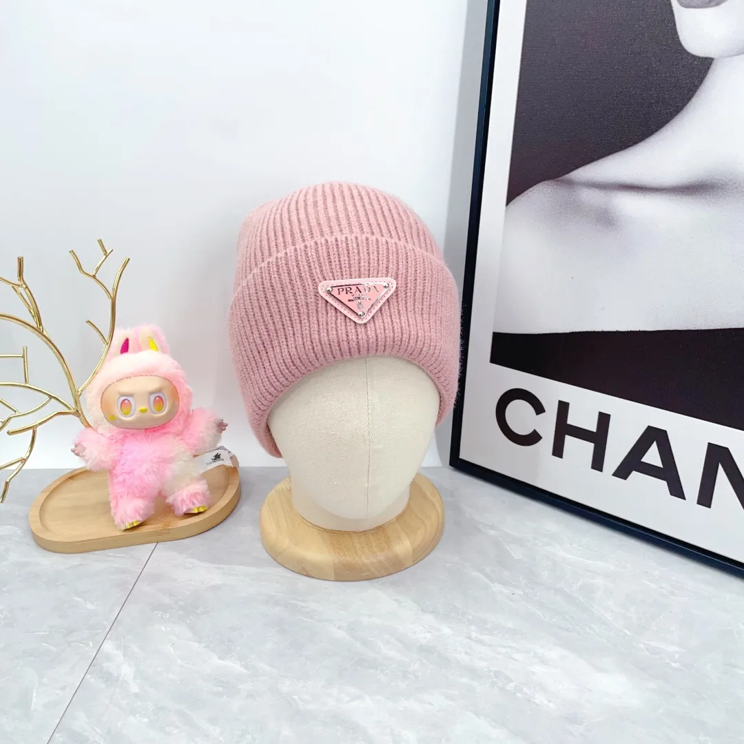 Prada Wool Triangle Logo Knit Beanie in Pink · view 2