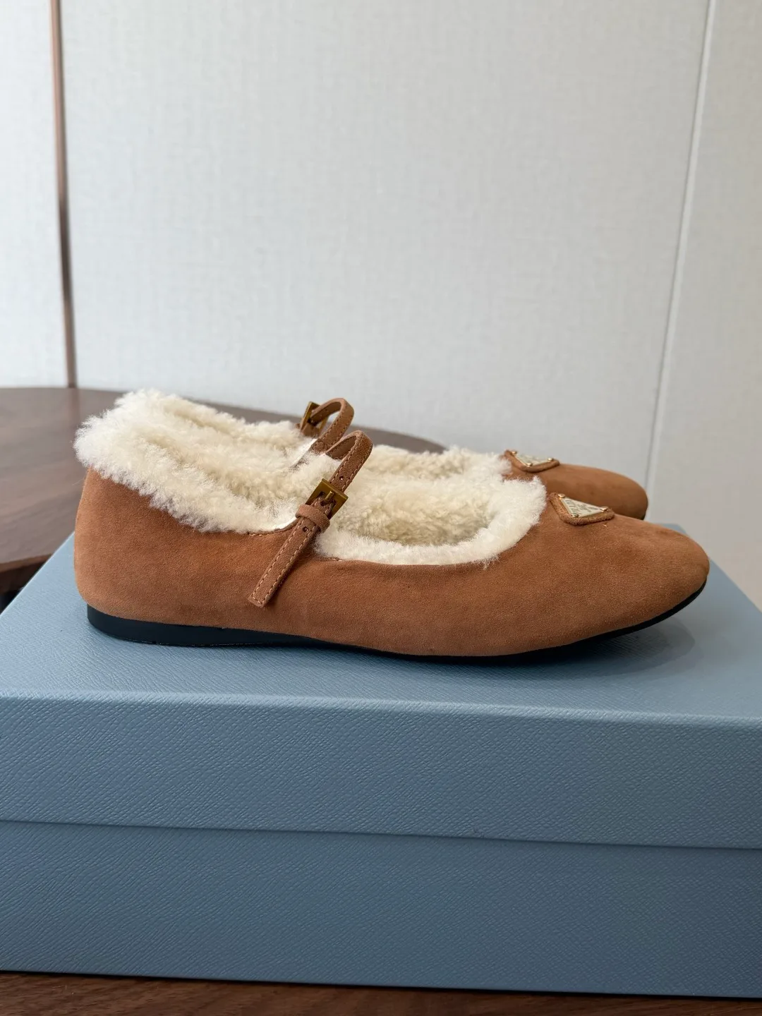 Prada Suede-Look Slippers in Tan · view 4