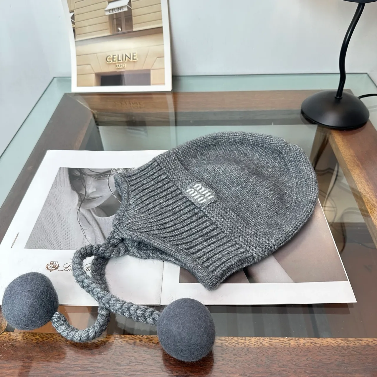 Miu Miu Earflap Beanie in Cream & Grey & Black · view 3