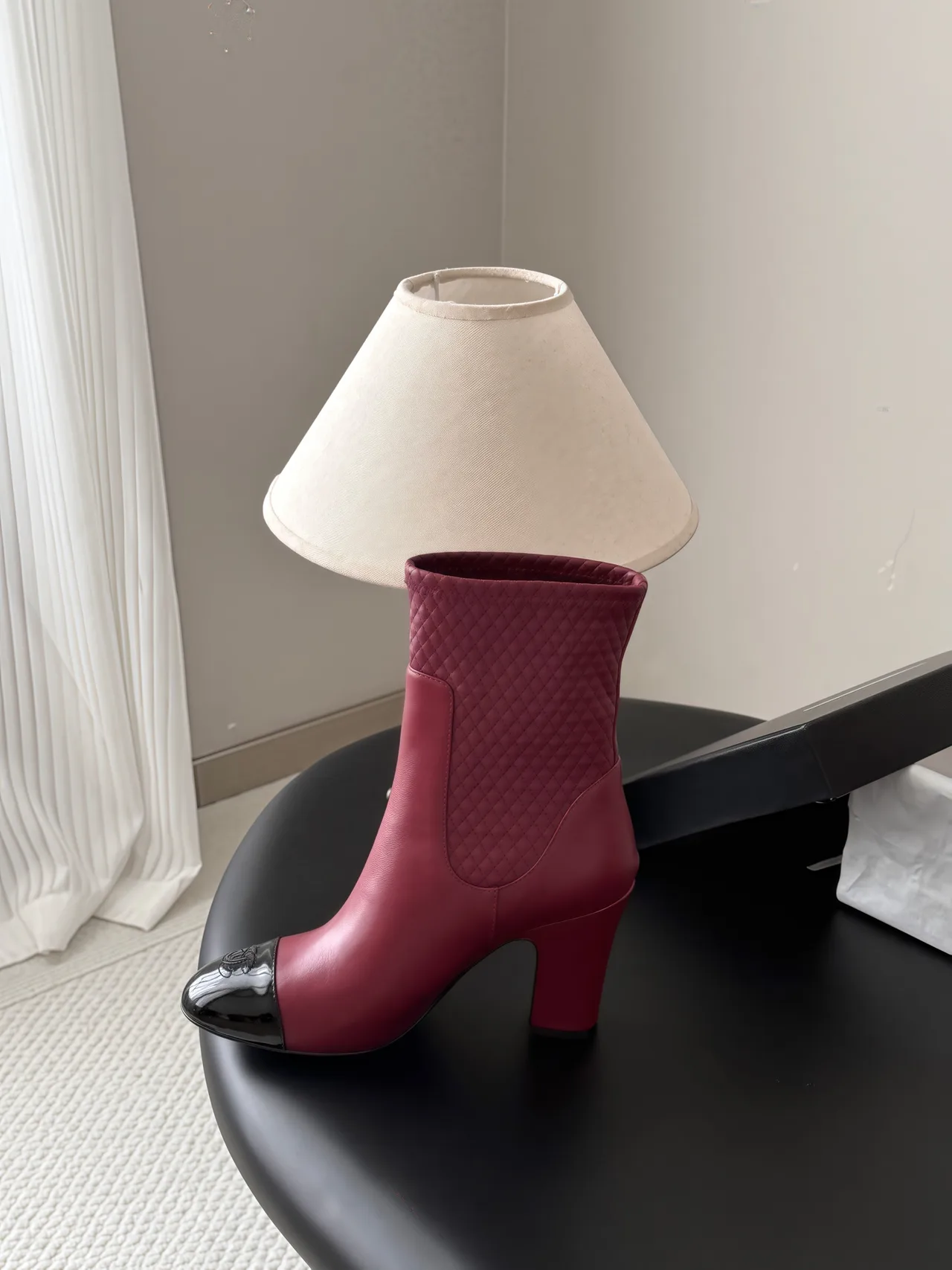 Chanel Cowhide Quilted Glossy Pointed-Toe Ankle Boots in Burgundy · view 8