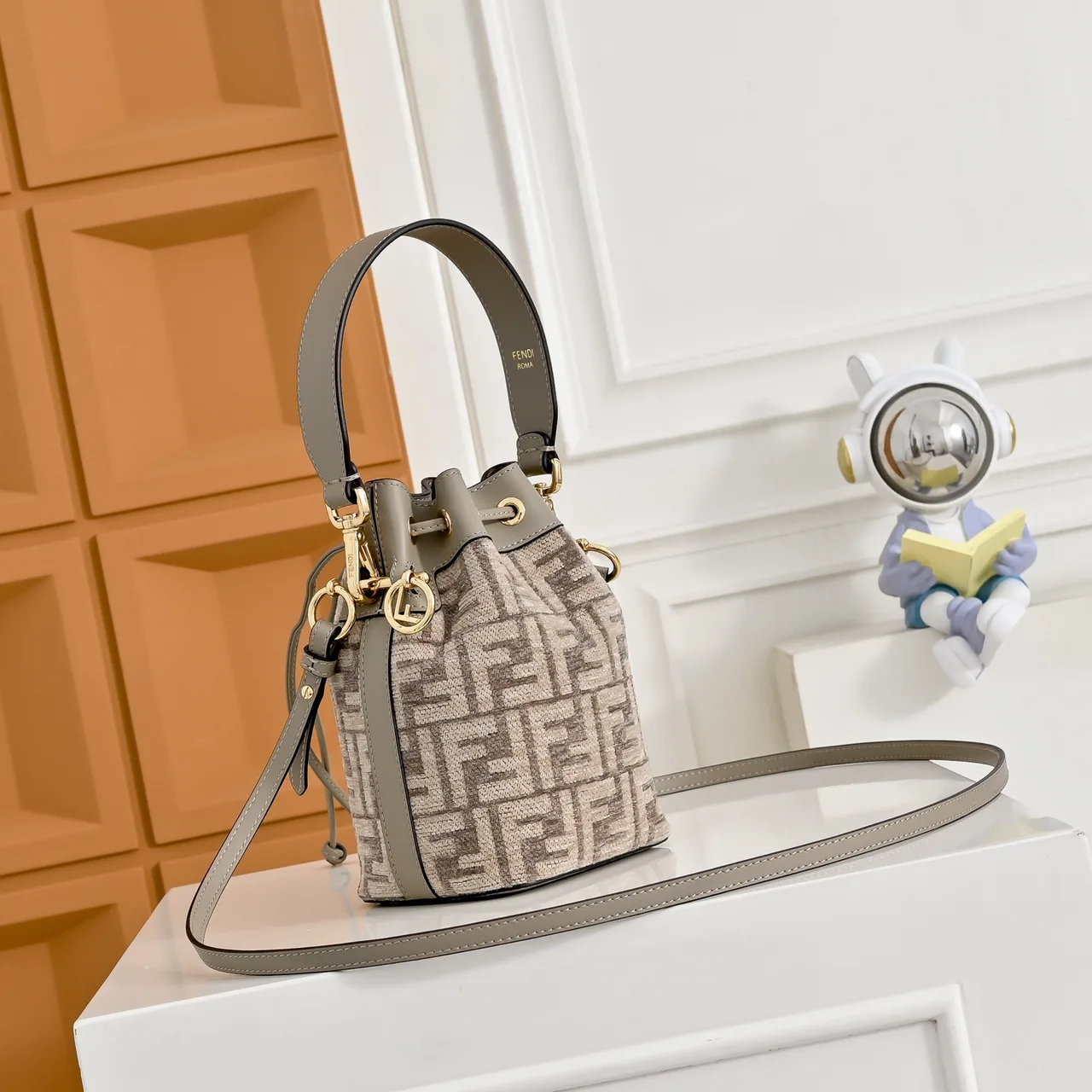 Fendi FF Drawstring Bucket Bag in Beige · view 2