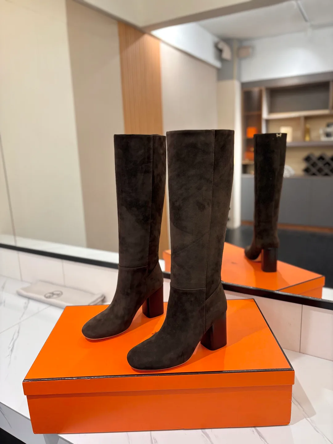 Hermes Cowhide Knee-High Boots in Brown · view 2