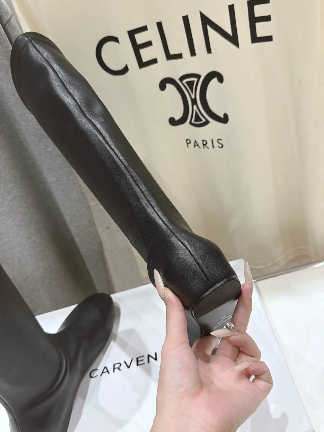 Silk Glossy Round-Toe Minimal Knee-High Boots in Black · view 8