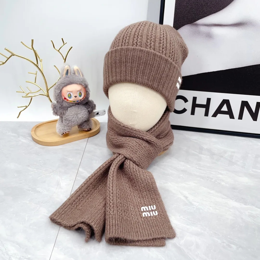 Miu Miu Wool Embroidered Hat Scarf and Gloves Set in Brown · view 2