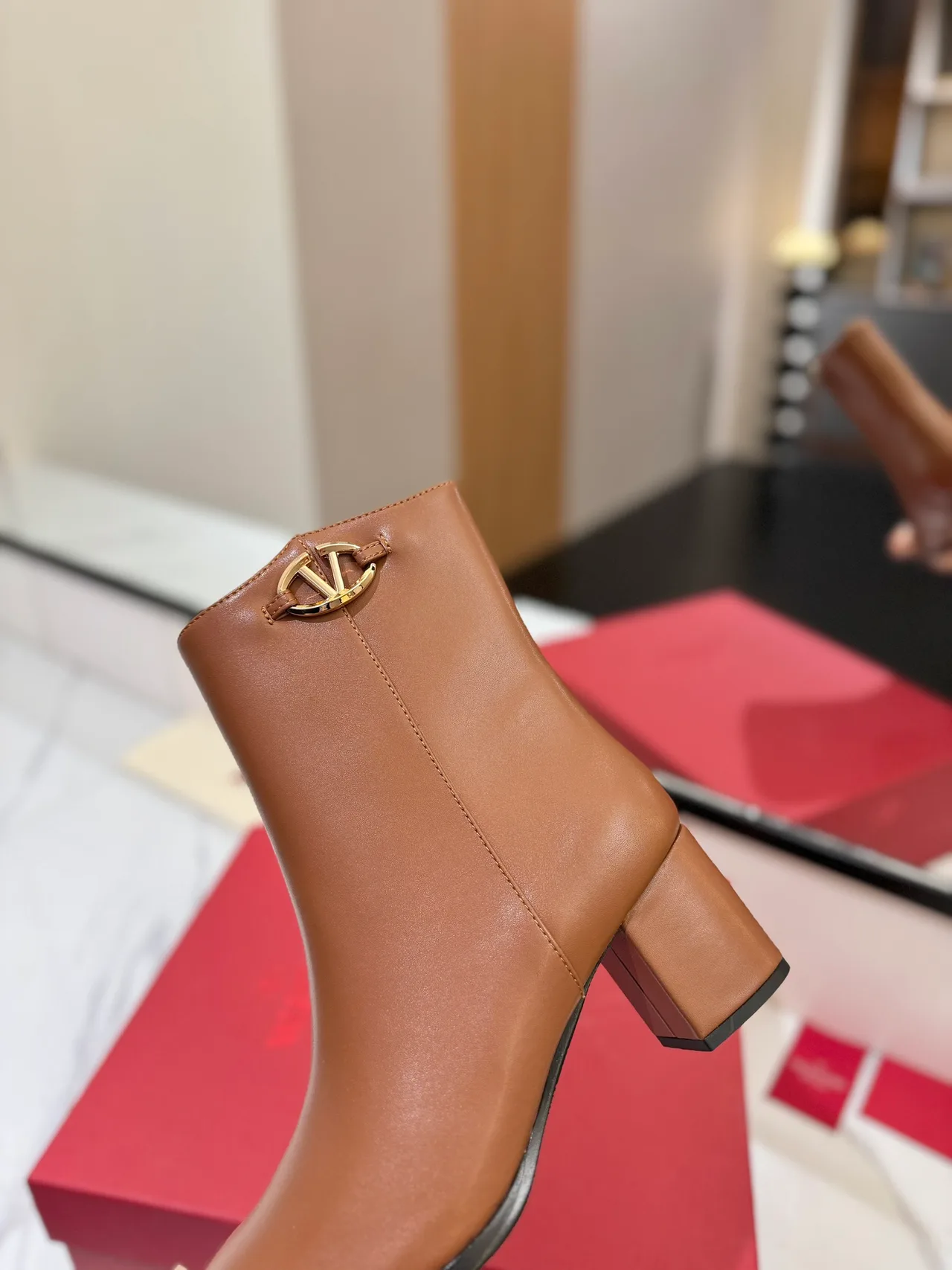 Valentino Calfskin Glossy Round-Toe Ankle Boots in Tan · view 8