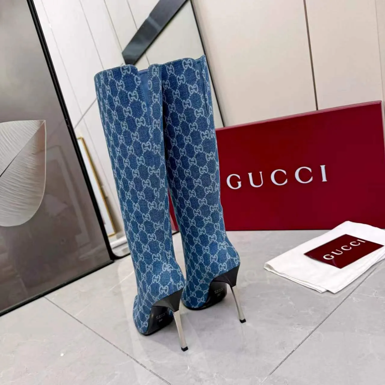 Gucci Cowhide Pointed-Toe Knee-High Boots in Blue · view 6