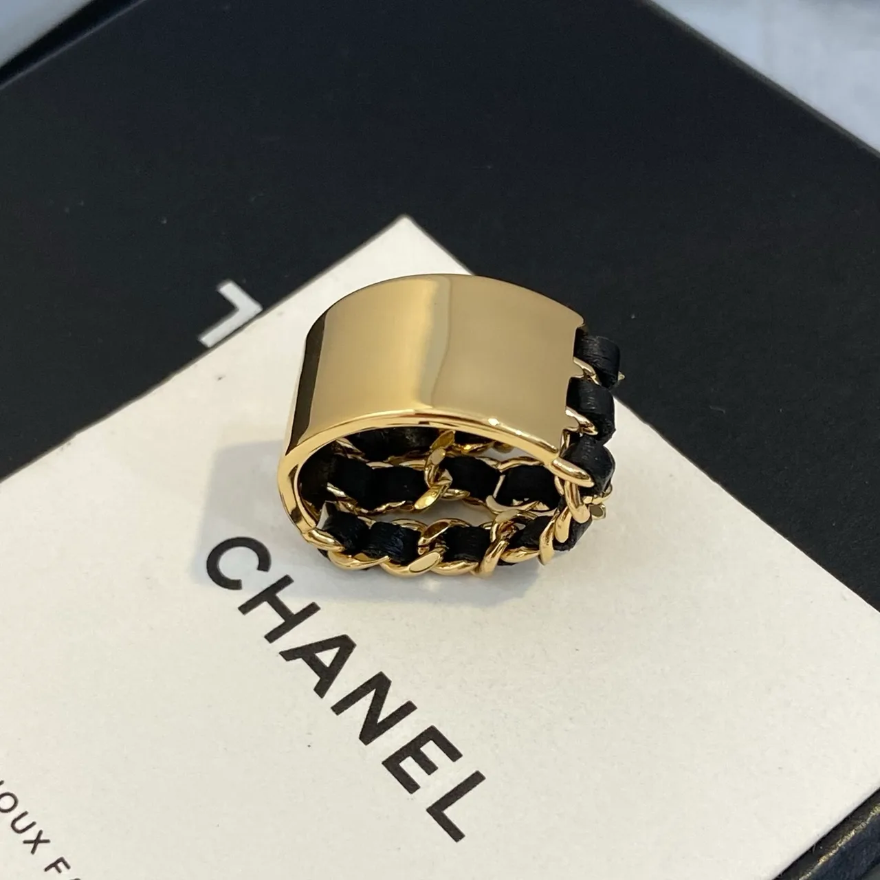 Chanel Sheepskin Woven Glossy Chain Ring in Gold · view 5