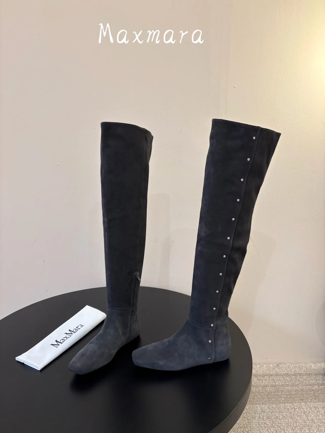Max Mara Suede-Look Pointed-Toe Over-The-Knee Boots in Grey · view 3