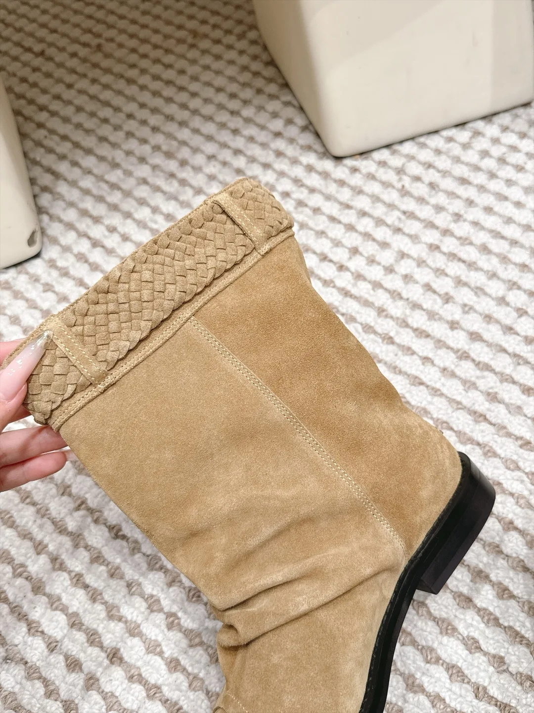 Loewe Woven Suede-Look Round-Toe Boots in Tan · view 7