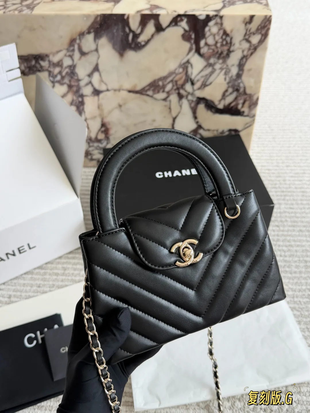 Chanel Lambskin Quilted Top-Handle Bag in Black · view 5
