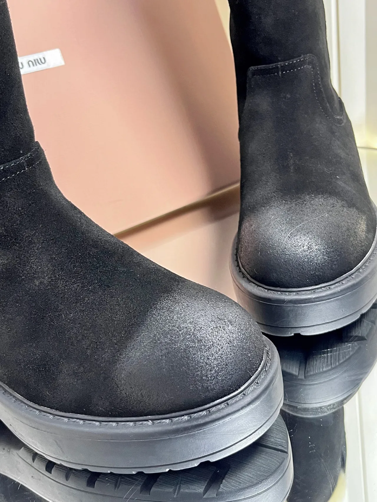 Miu Miu Calfskin Suede-Look Boots in Black · view 7