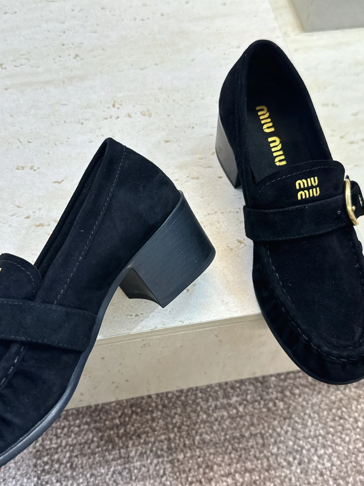 Miu Miu Cowhide Sheepskin Buckle Suede Heeled Loafers in Black · view 7
