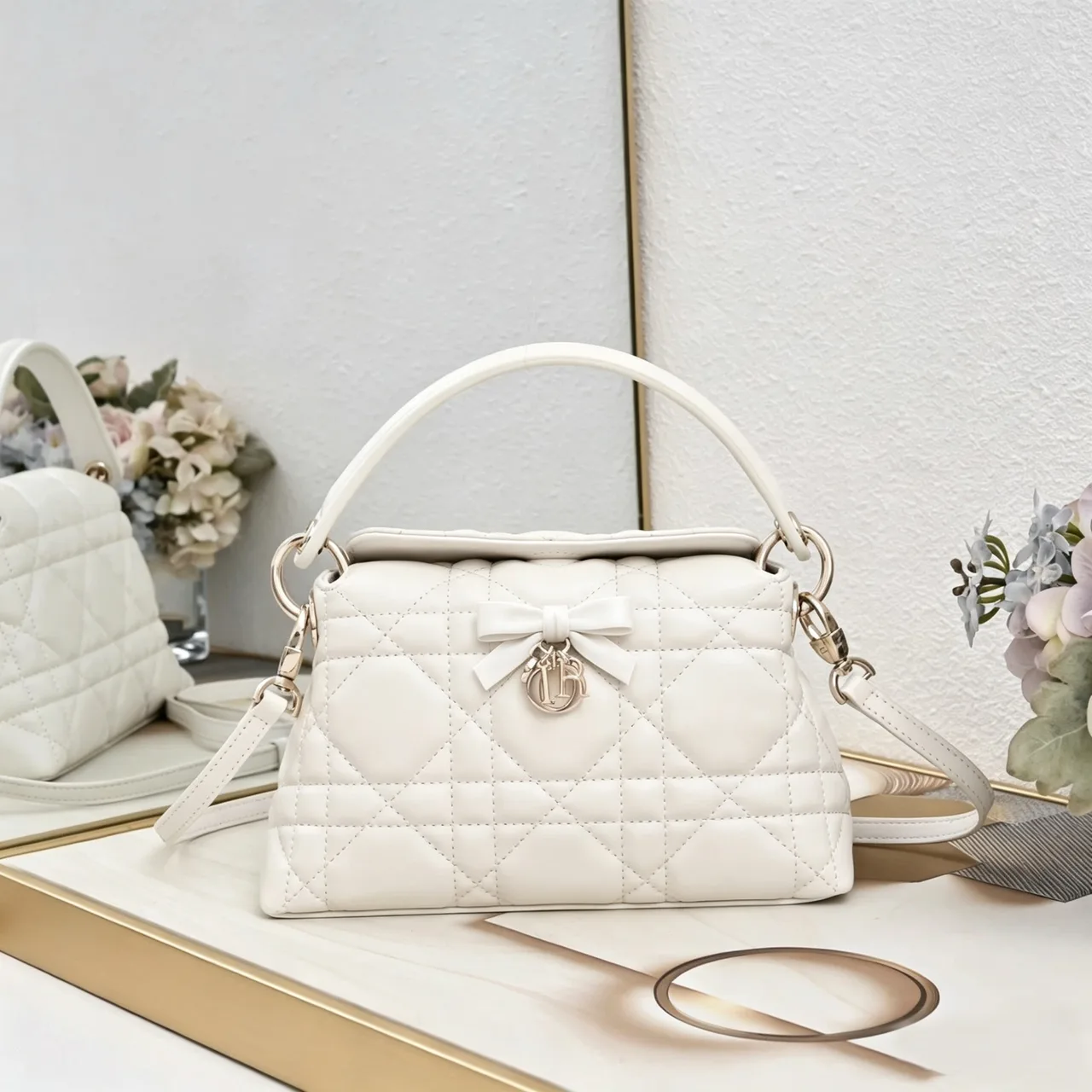 Dior Sheepskin Quilted Top-Handle Bag in White · view 1