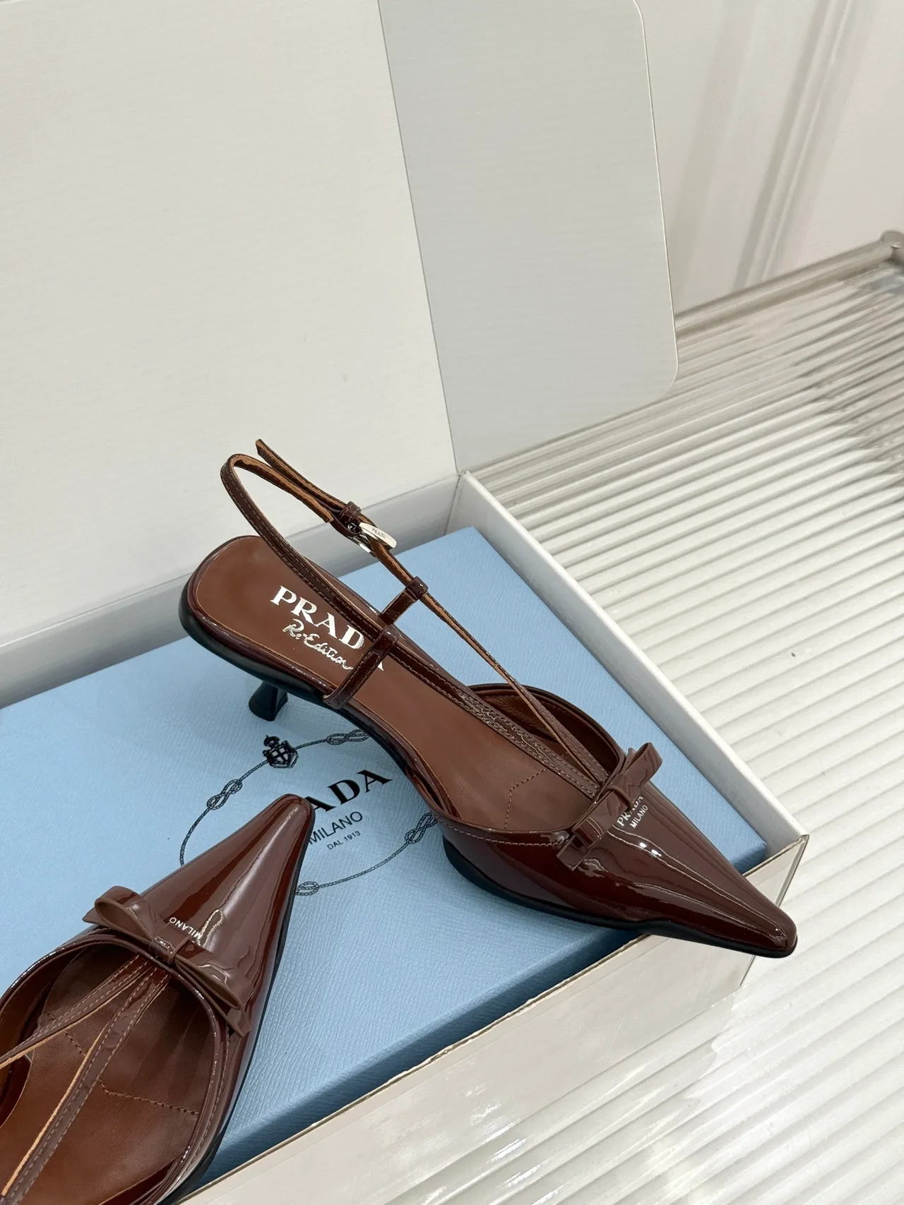 Prada Lambskin Slingback Pumps in Brown · view 5
