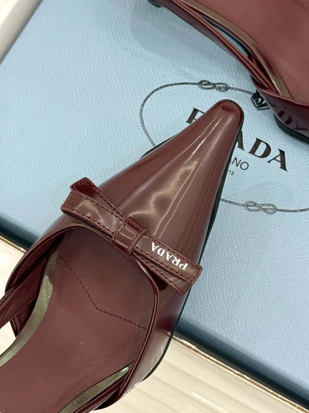 Prada Lambskin Pointed Slingback Pumps in Burgundy · view 7