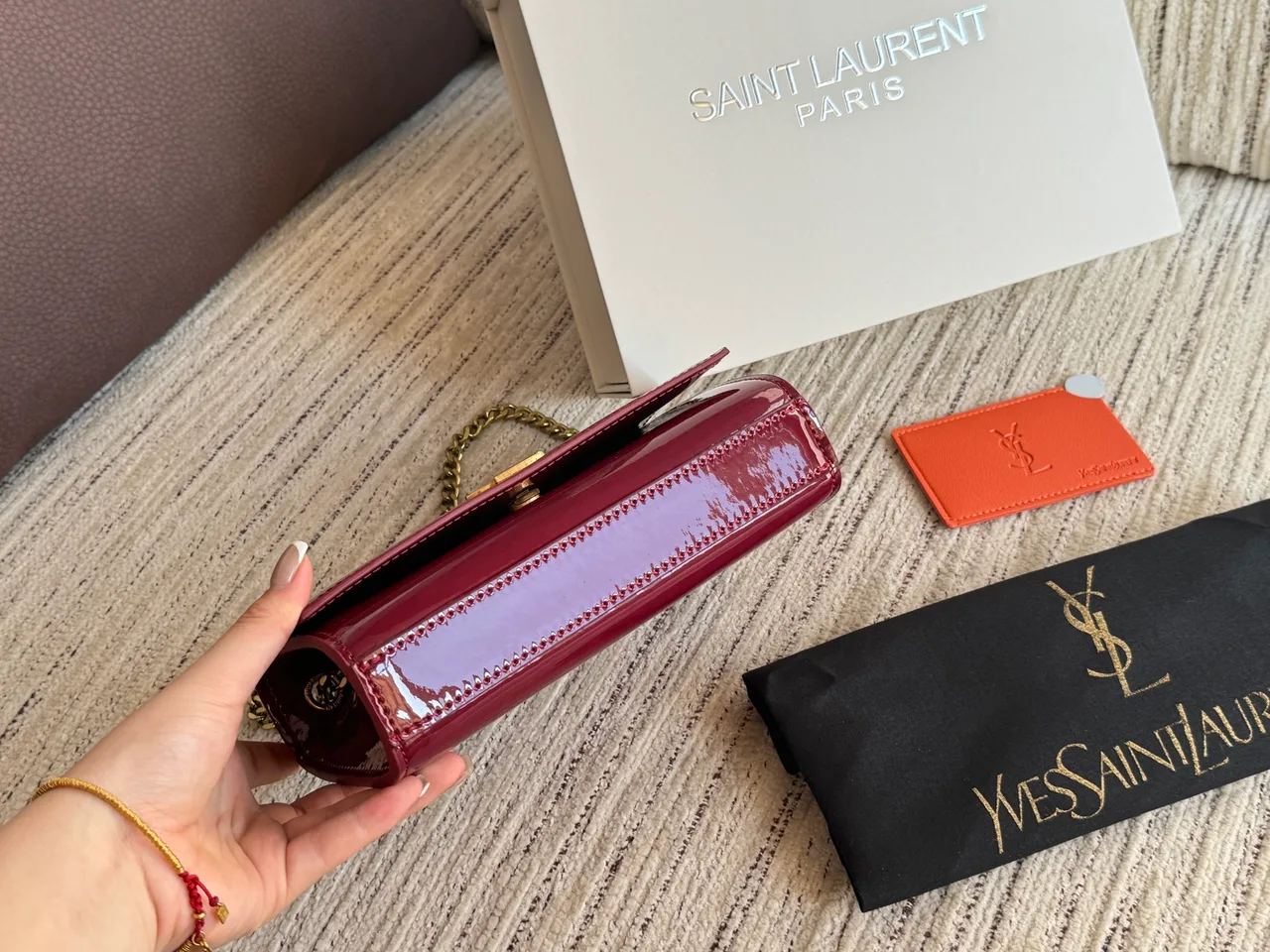 Saint Laurent Kate Glossy Chain-Strap Shoulder Bag in Burgundy · view 5