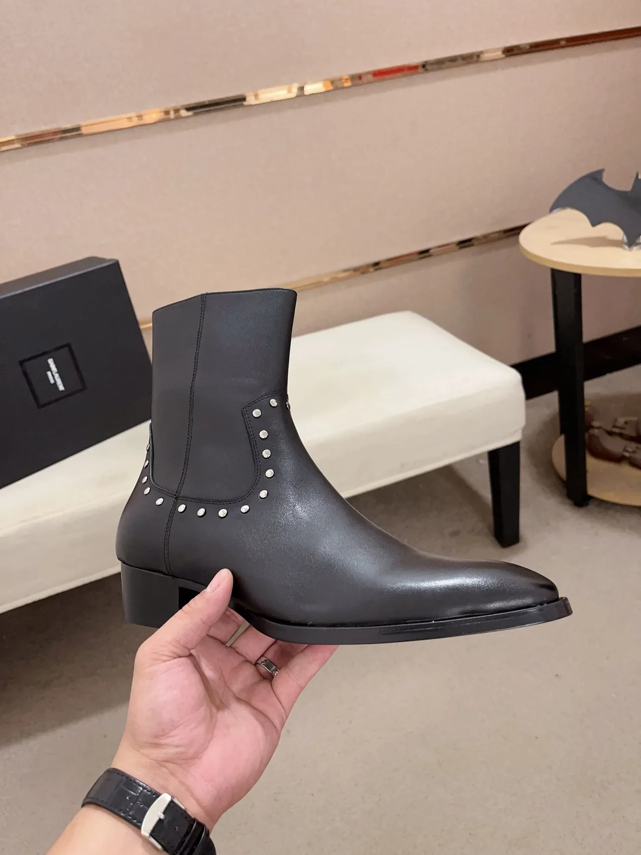 Saint Laurent Cowhide Glossy Pointed-Toe Ankle Boots in Black · view 4