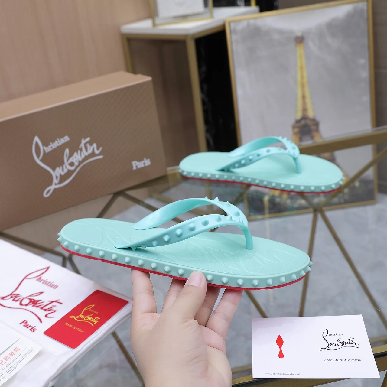 Christian Louboutin Studded Flip-Flops in Green · view 5