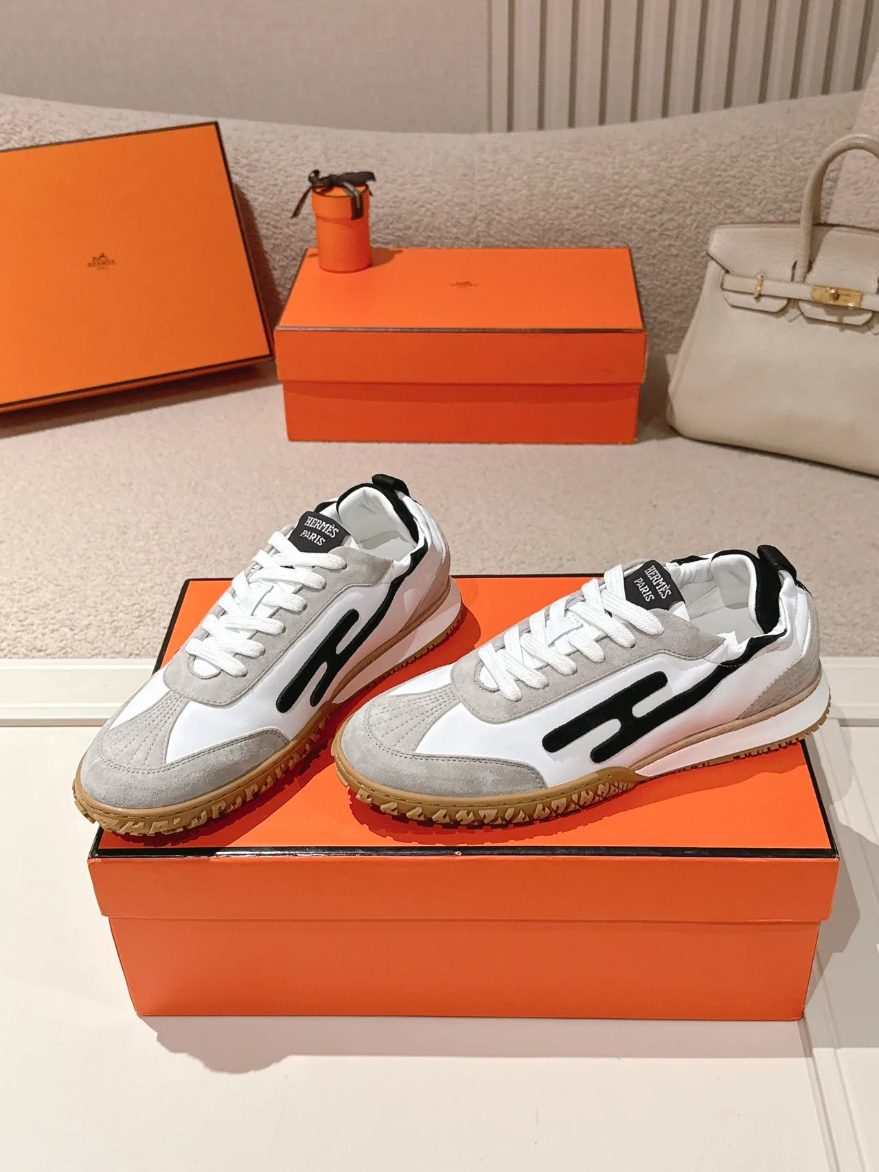 Hermes Sheepskin Suede Striped Round-Toe Sneakers in White · view 2