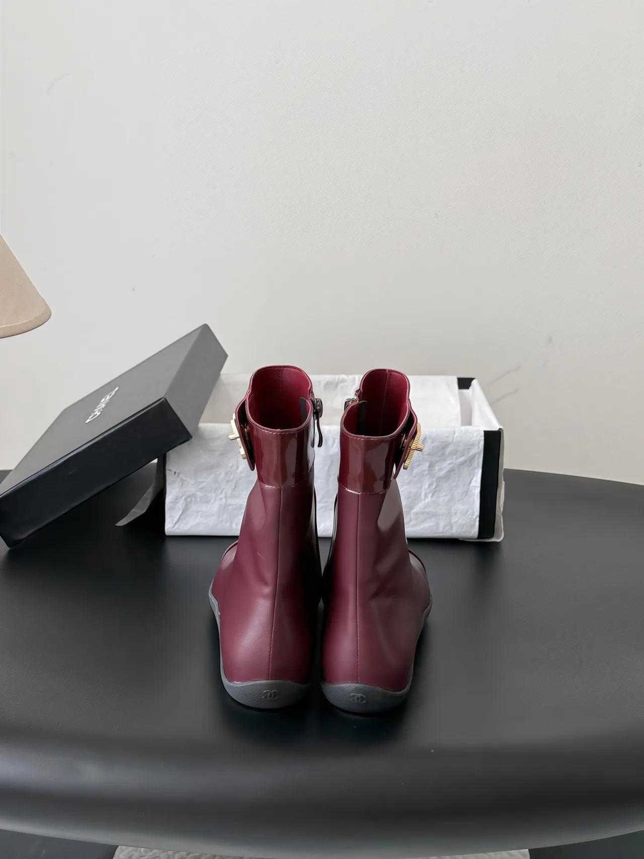 Chanel Cowhide Glossy Pointed-Toe Boots in Burgundy · view 3
