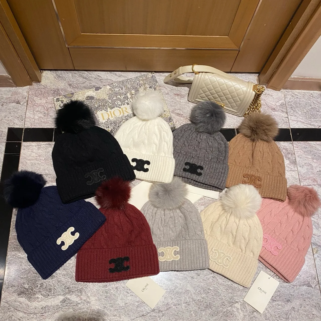 Celine Triomphe Pom Beanie in Black & White & Grey & Brown & Blue & Red & Pink · view 2