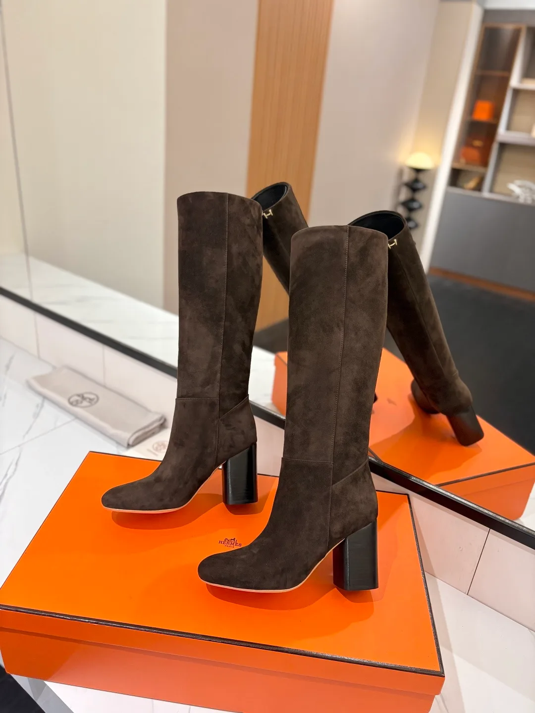 Hermes Cowhide Knee-High Boots in Brown · view 5