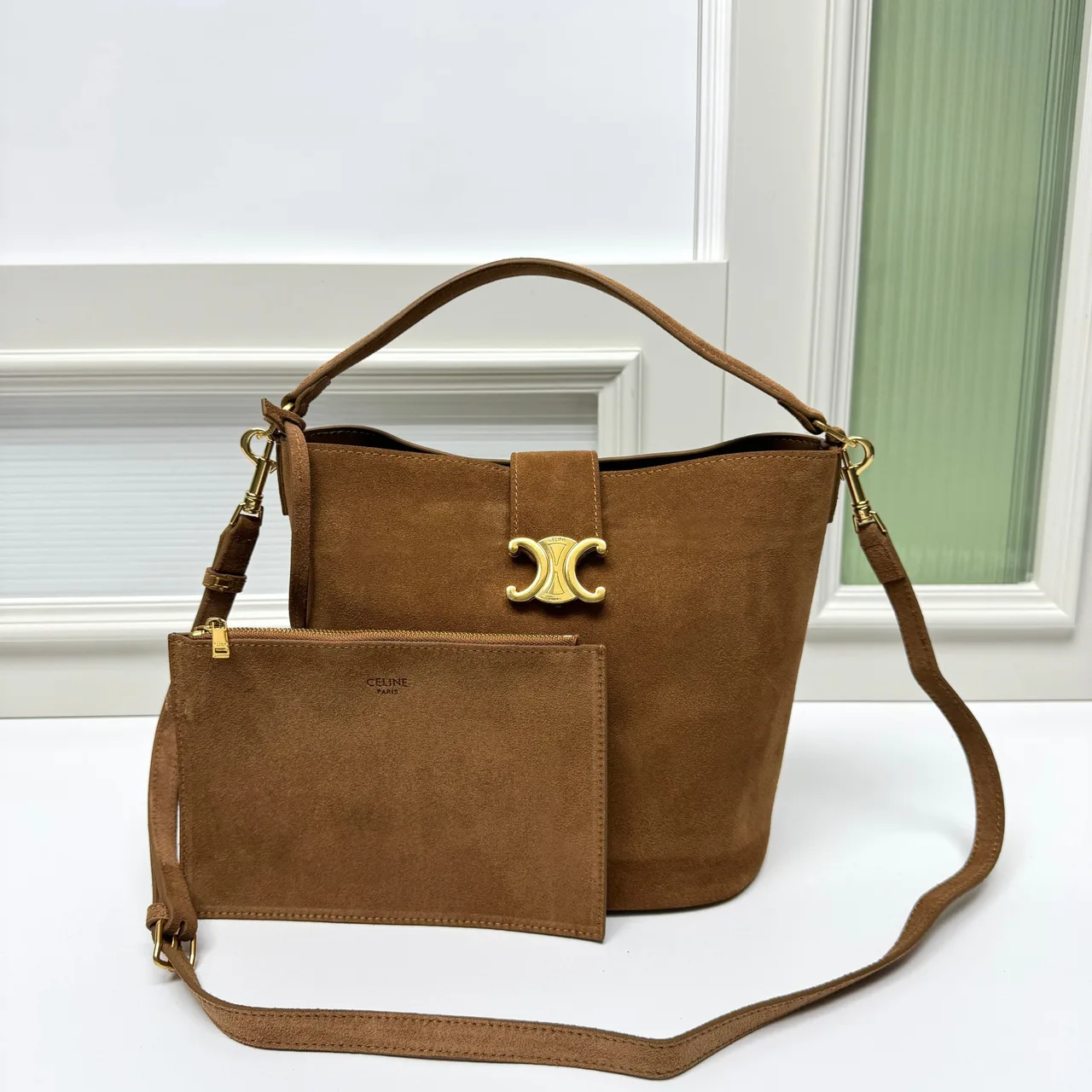 Celine Cowhide Bucket Bag in Tan · view 1