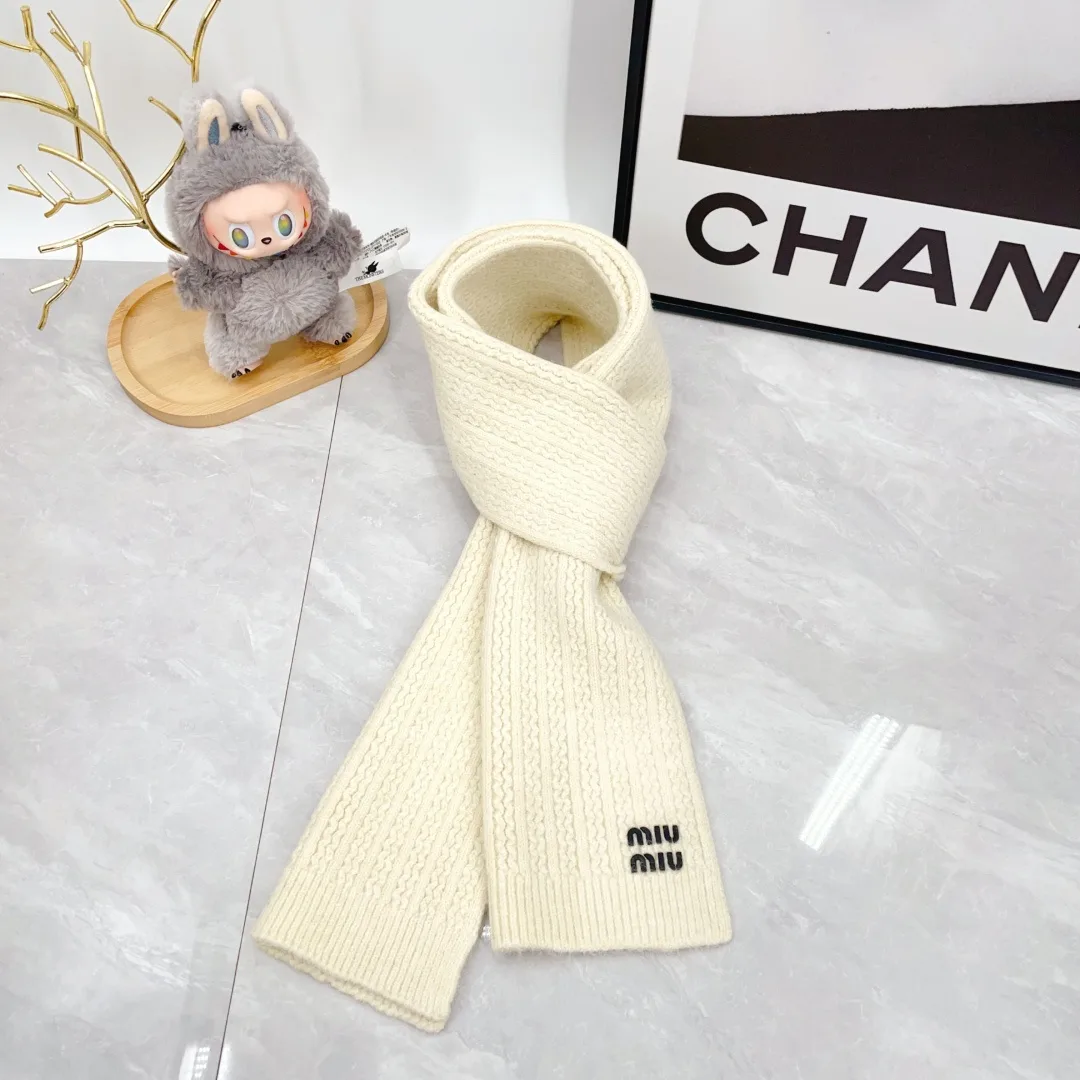 Miu Miu Wool Ribbed Embroidered Hat Scarf and Gloves Set in White · view 4