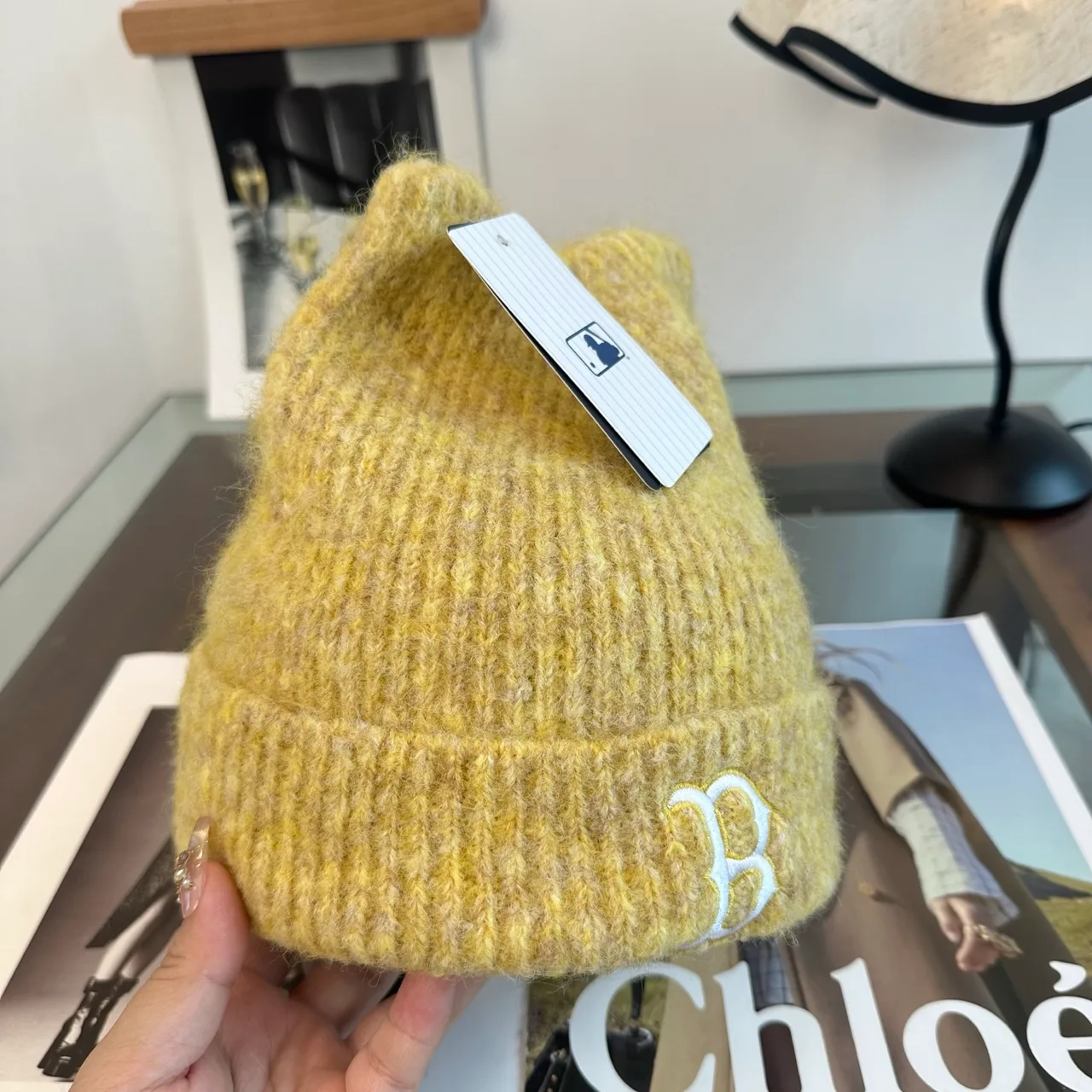 MLB Ribbed Embroidered B Monogram Beanie in Yellow · view 3